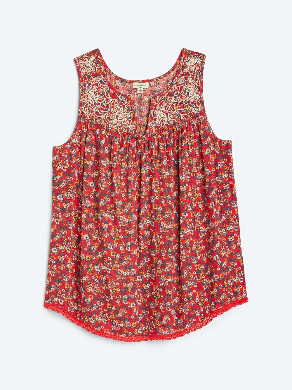 Skyla Lace Embroidered Yoke Red Floral Sleeveless Top Size M